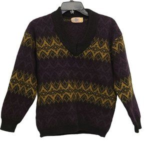 Vintage Basco M 100% Wool V-Neck Black Gold Tan Purple Heavyweight Sweater
